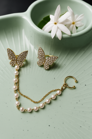 Gold Butterfly Pearl Chain Ear Cuff Earring