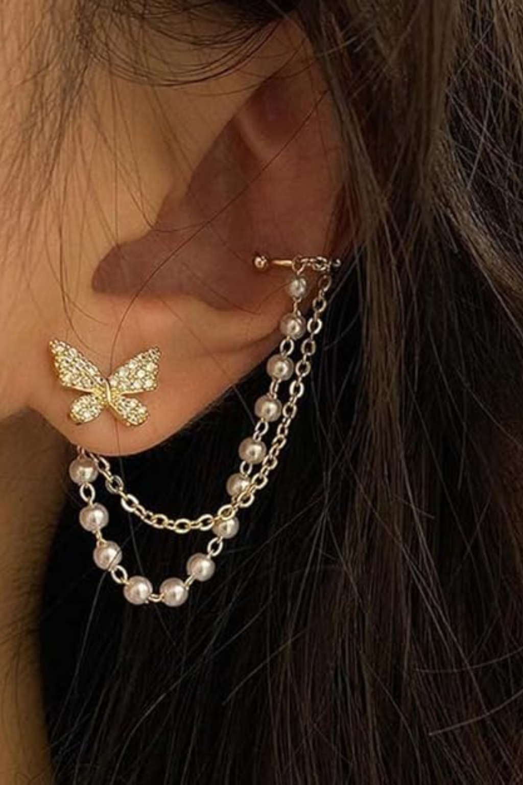 Gold Butterfly Pearl Chain Ear Cuff Earring