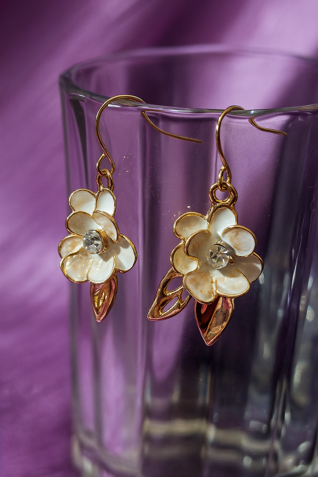 Elegant White Floral Enamel Drop Earrings