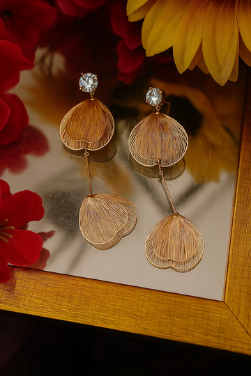 Golden Petal Layered Drop Earrings with Crystal Stud